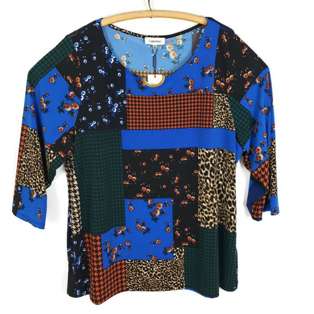 Calvin Klein Blouse 2X Blue Patch Flora Houndstoot